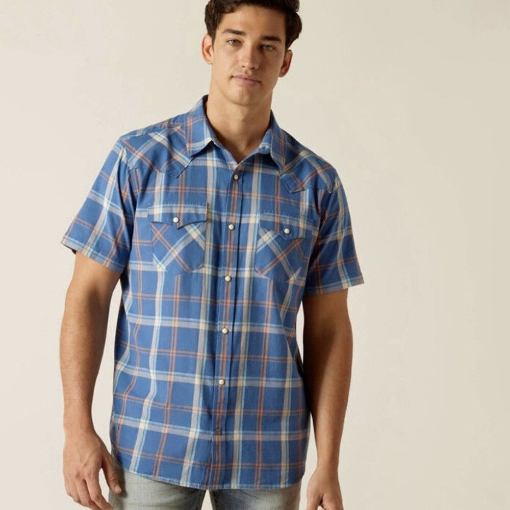 Ariat Retro Fit HOGANY blue Short Sleeve Pearl Snap Men Shirt NWT $59.95 Med*
